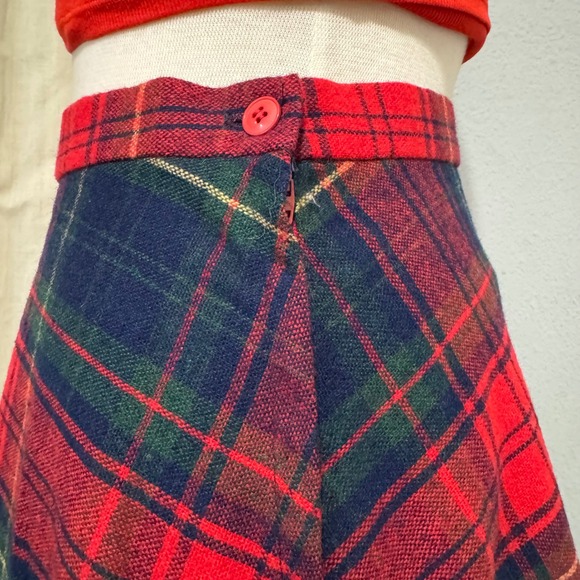 Vintage Wool Blend Plaid A Line Midi Skirt Red Navy Green Size XS Cottage Core - Picture 7 of 14